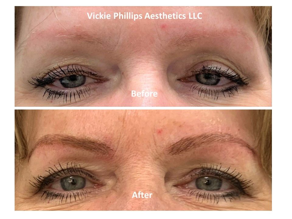 A before and after picture of microblading of a woman 's eyebrows.