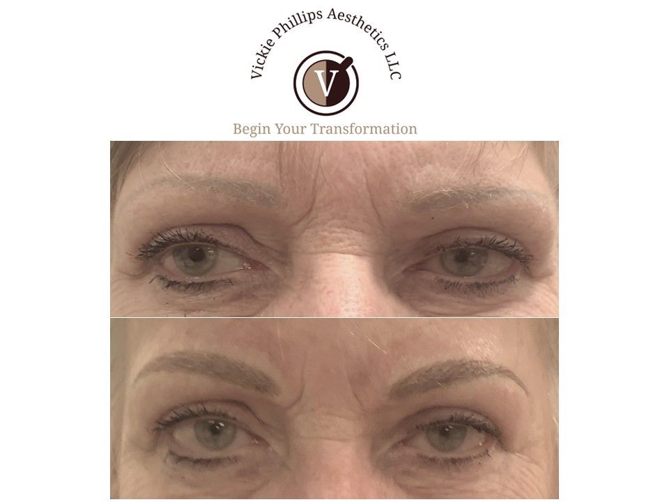 A before and after picture of microblading of a woman 's eyebrows
