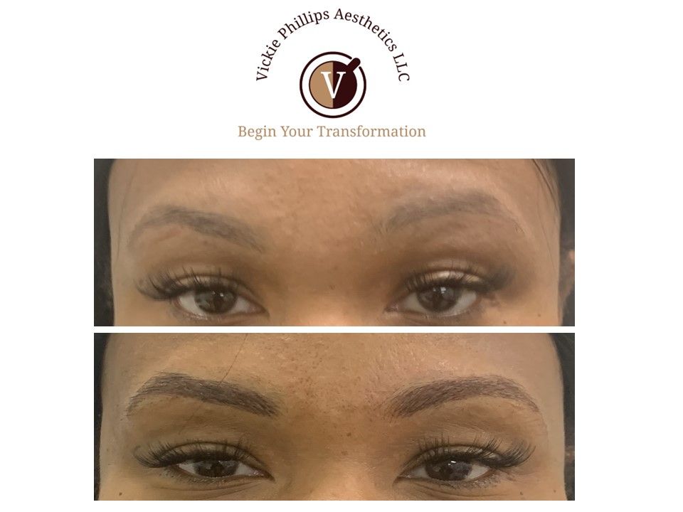 A before and after picture of microblading of a woman 's eyebrows