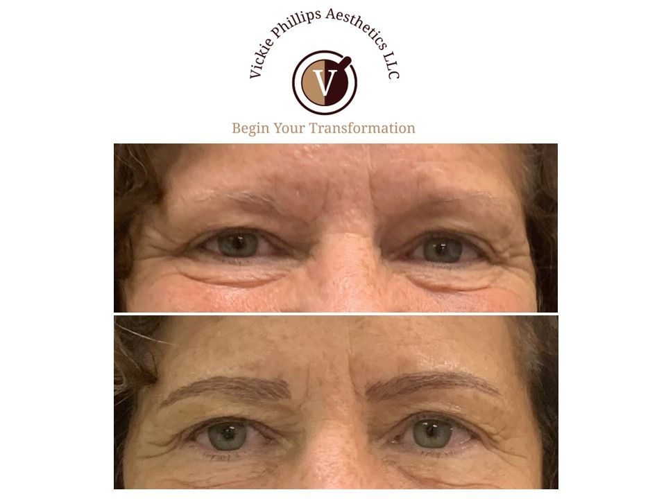 A before and after photo of a woman 's eyebrows microbladed.