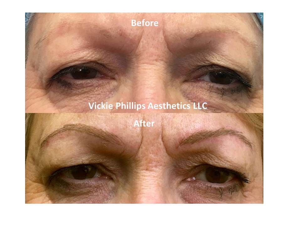 A before and after picture of microblading of a woman 's eyebrows