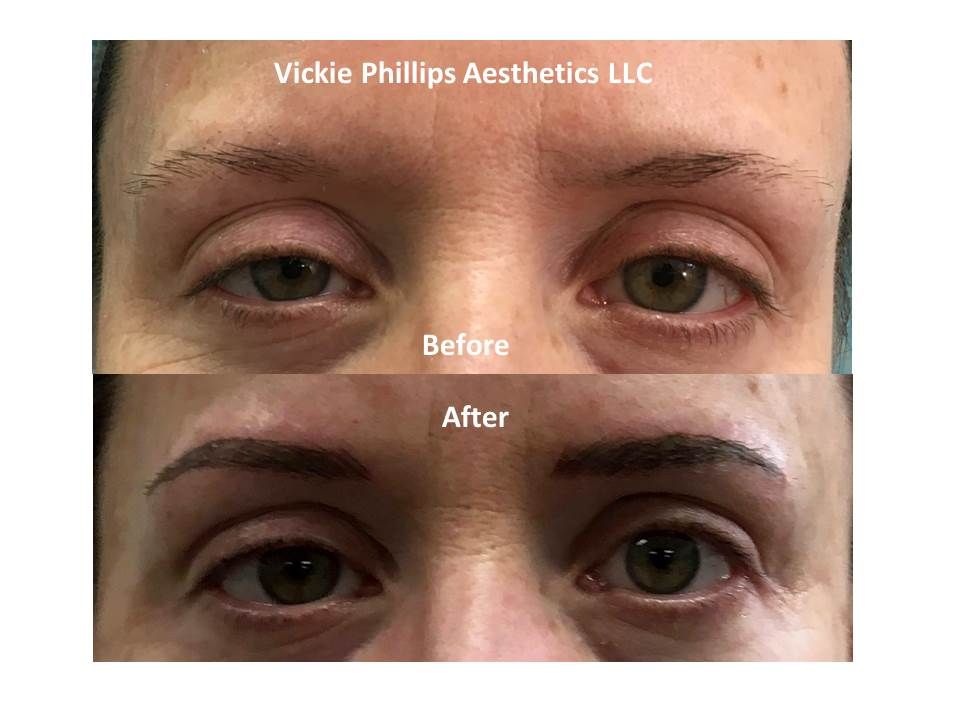 A before and after picture of microblading of a woman 's eyebrows