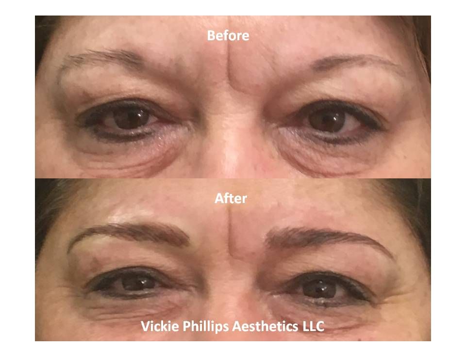 A before and after picture of microblading of a woman 's eyebrows