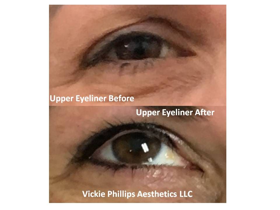 A before and after picture of a woman 's eye with upper eyeliner.