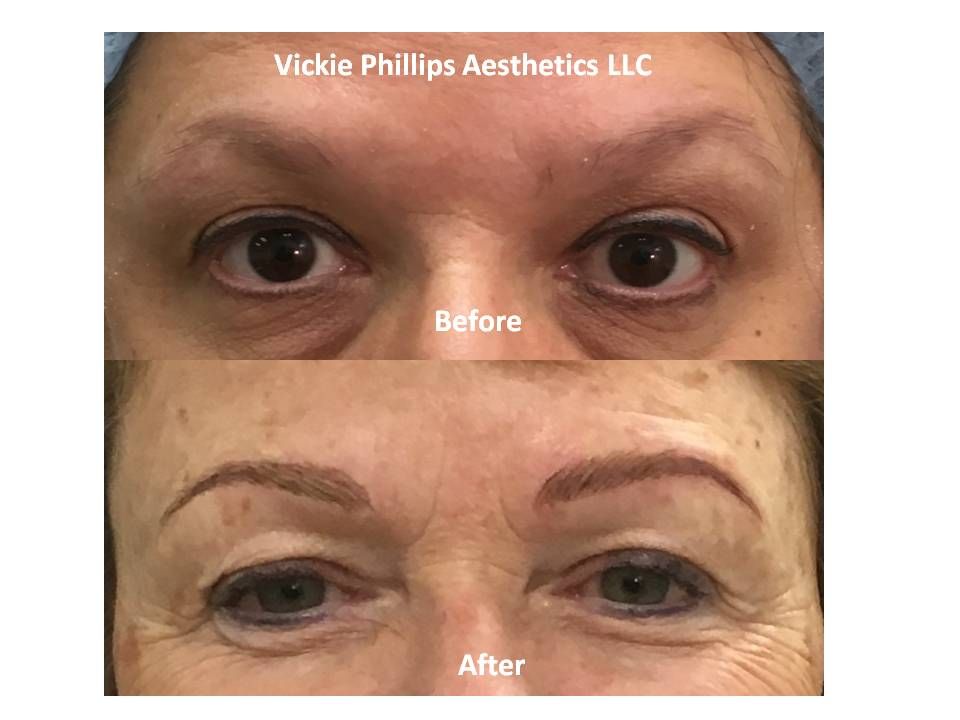 A before and after picture of microblading of a woman 's eyebrows