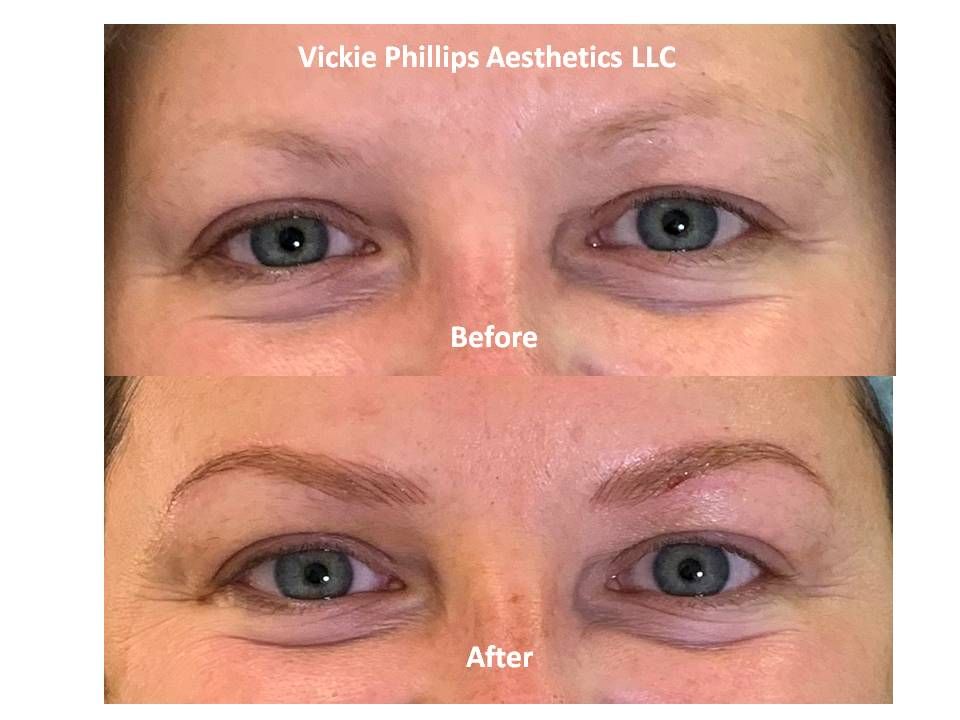 A before and after picture of microblading of a woman 's eyebrows