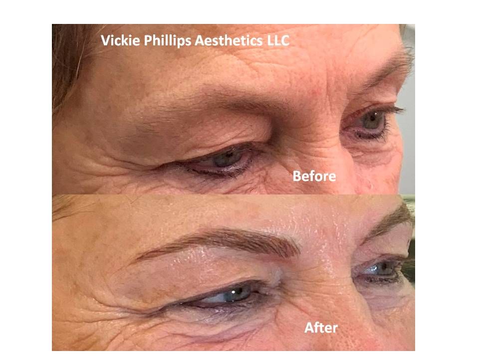 A before and after picture of microblading of a woman 's eyebrows
