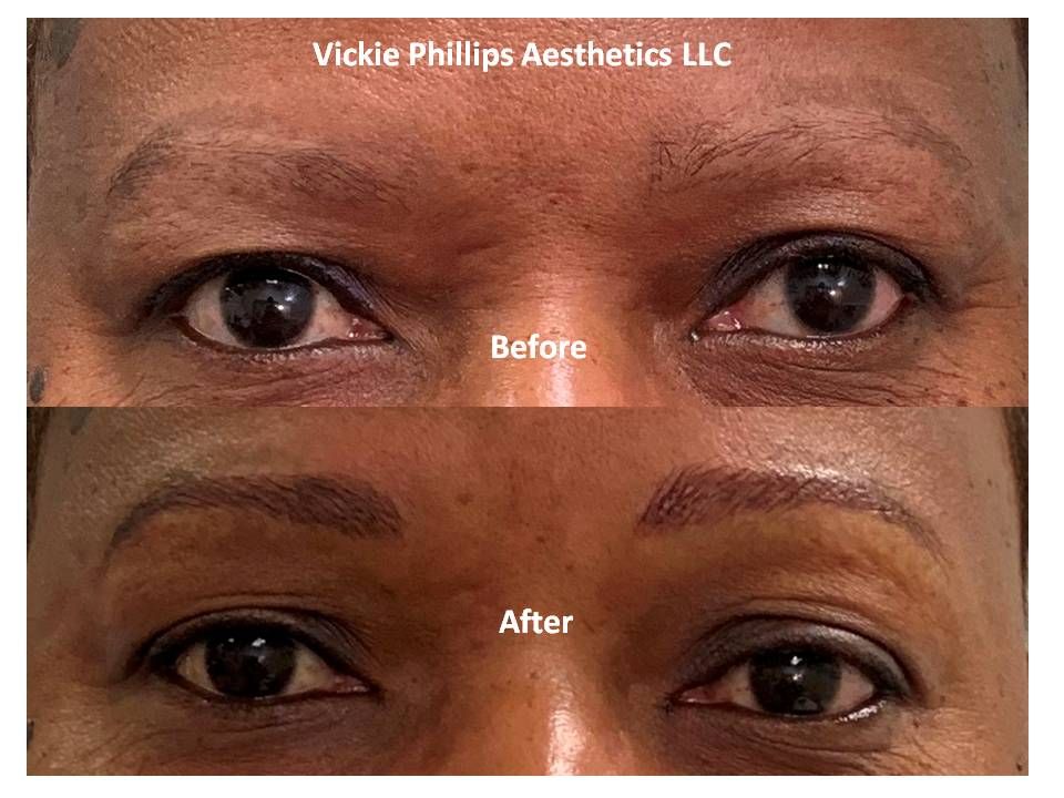 A before and after picture of microblading of a woman 's eyebrows