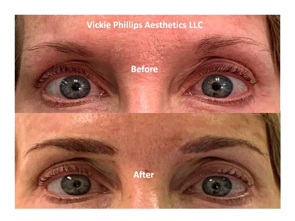 A before and after picture of microblading of a woman 's eyebrows