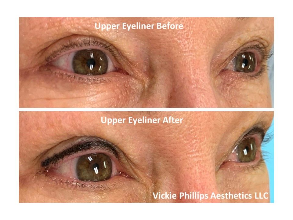 A before and after photo of a woman 's eyes with upper eyeliner.