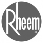 Rheem logo in white on a dark gray circle