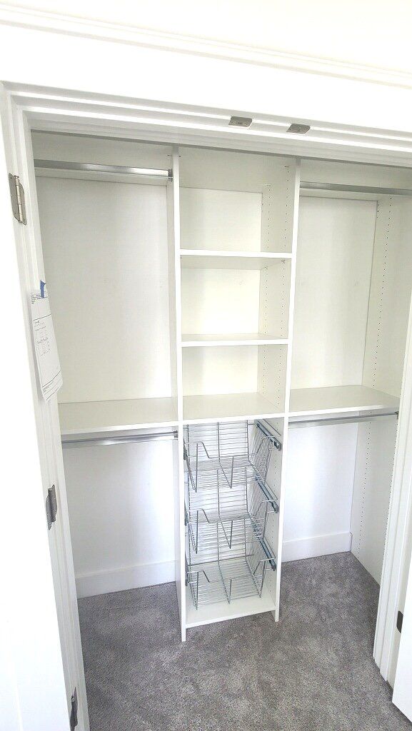 A walk in closet with a ladder and shelves in a bedroom.