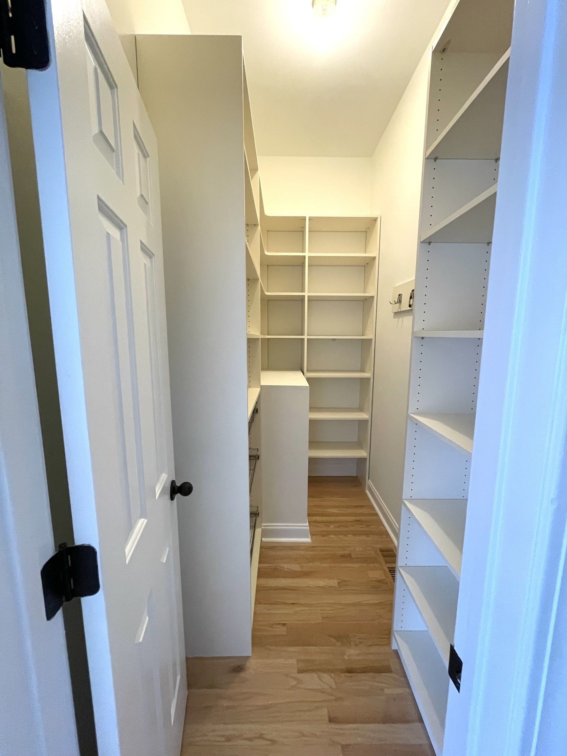 A walk in closet with shelves and a door open