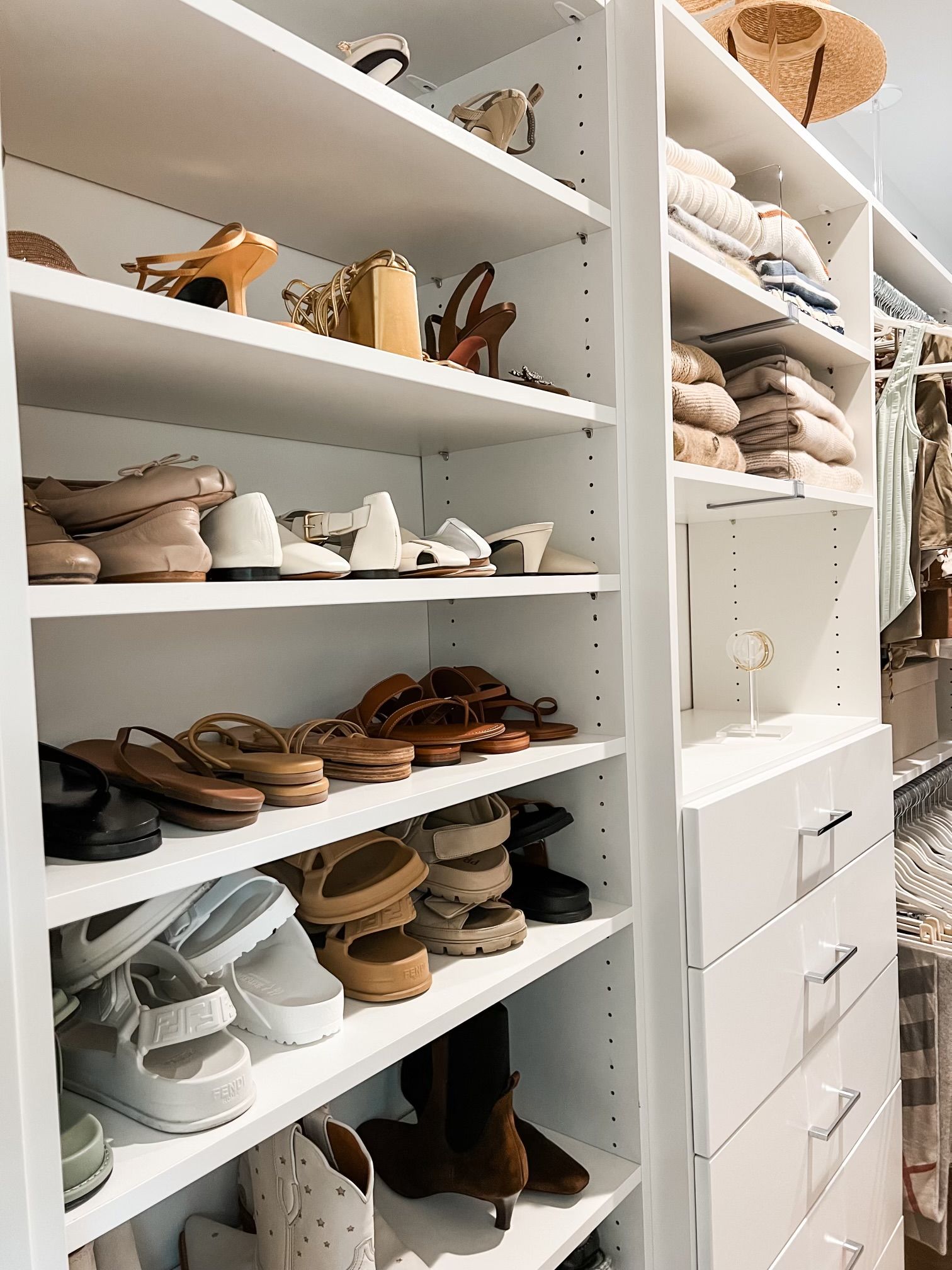 A closet filled with lots of shoes and clothes.