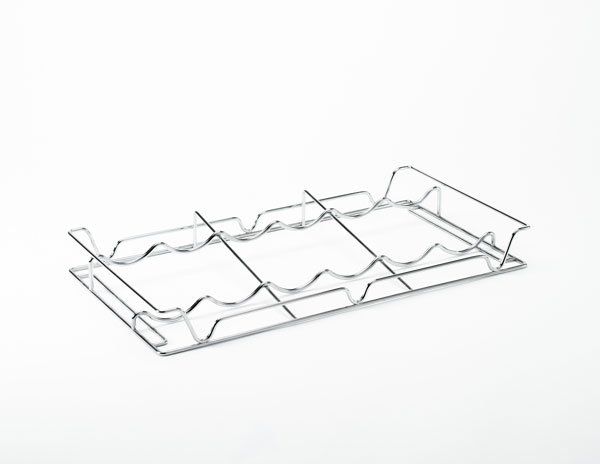 A stainless steel wine rack is sitting on a white surface.