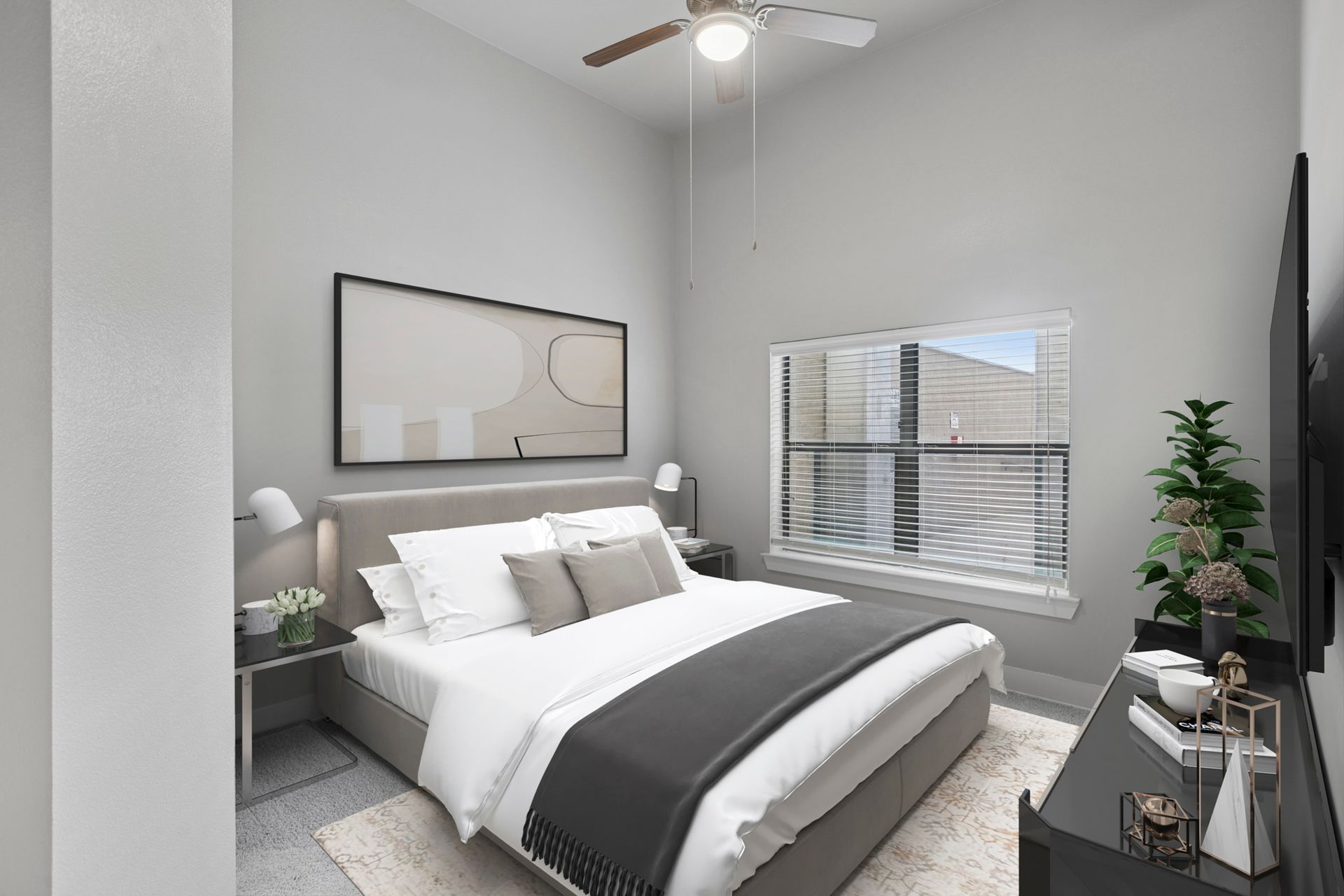 Bedroom with a bed, nightstands, window, and art on the wall. Gray walls, light bedding.
