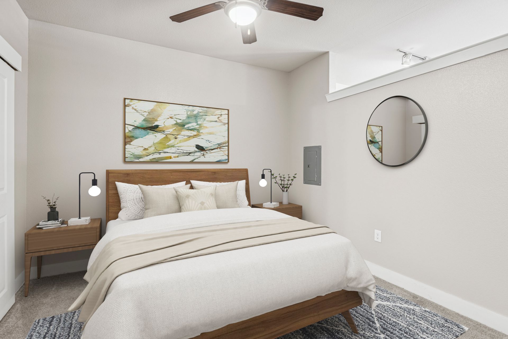Bedroom with a bed, nightstands, artwork, mirror, and ceiling fan. Neutral tones and wood accents.