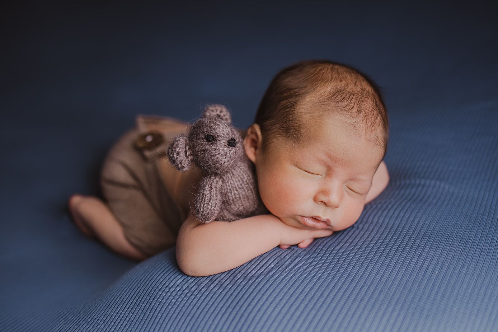A newborn baby is sleeping on a blue blanket with a stuffed elephant.