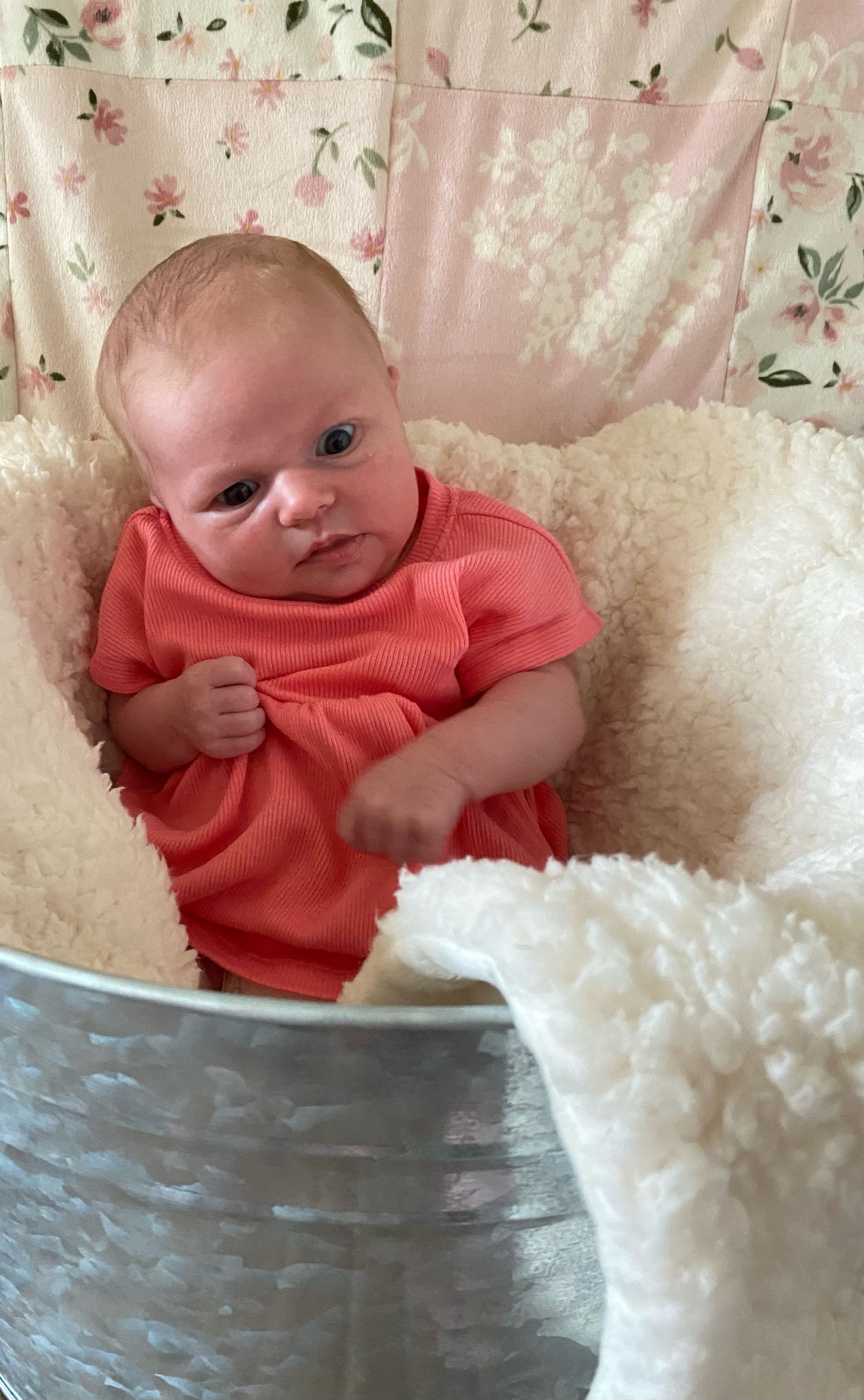 A baby in a pink dress is sitting in a metal bowl.