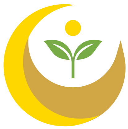 Yellow crescent and sun behind green leaves, symbolizing growth and renewal.