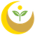 Yellow crescent and sun behind green leaves, symbolizing growth and renewal.