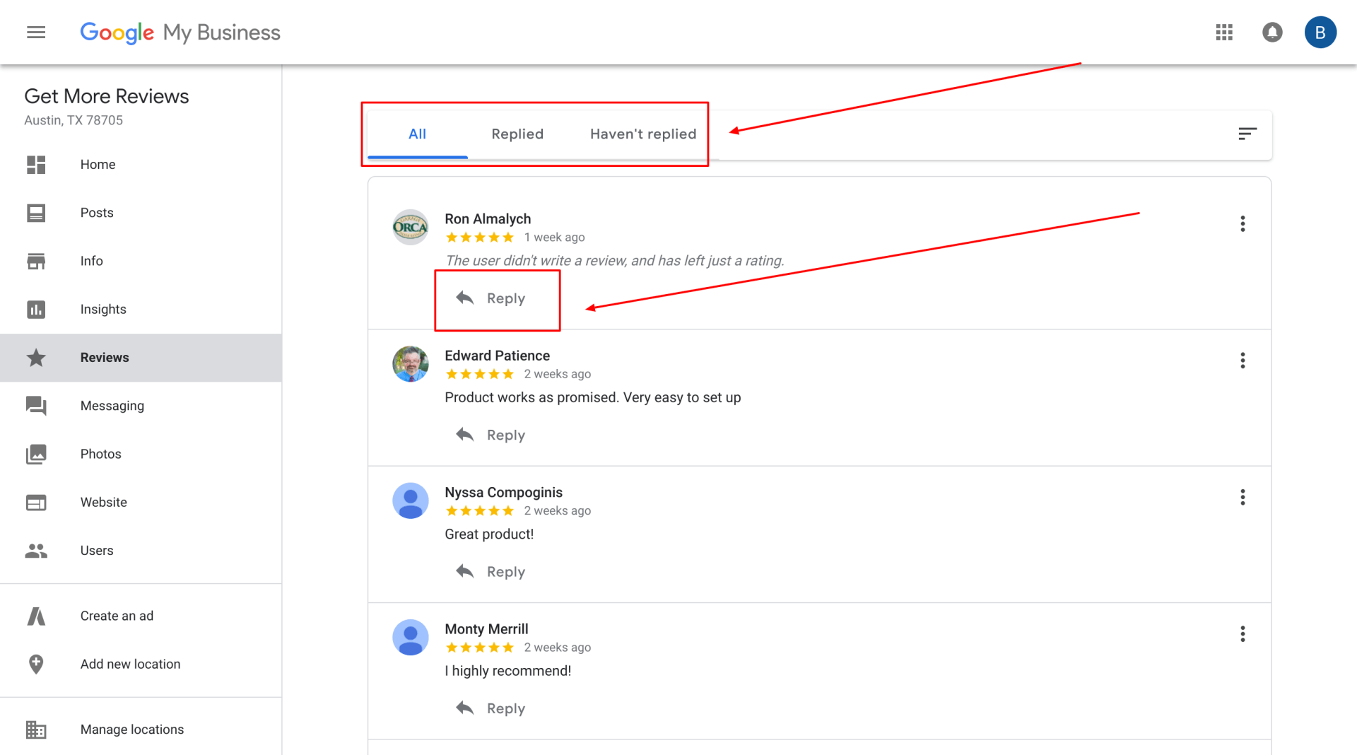 respond to Google reviews after filtering