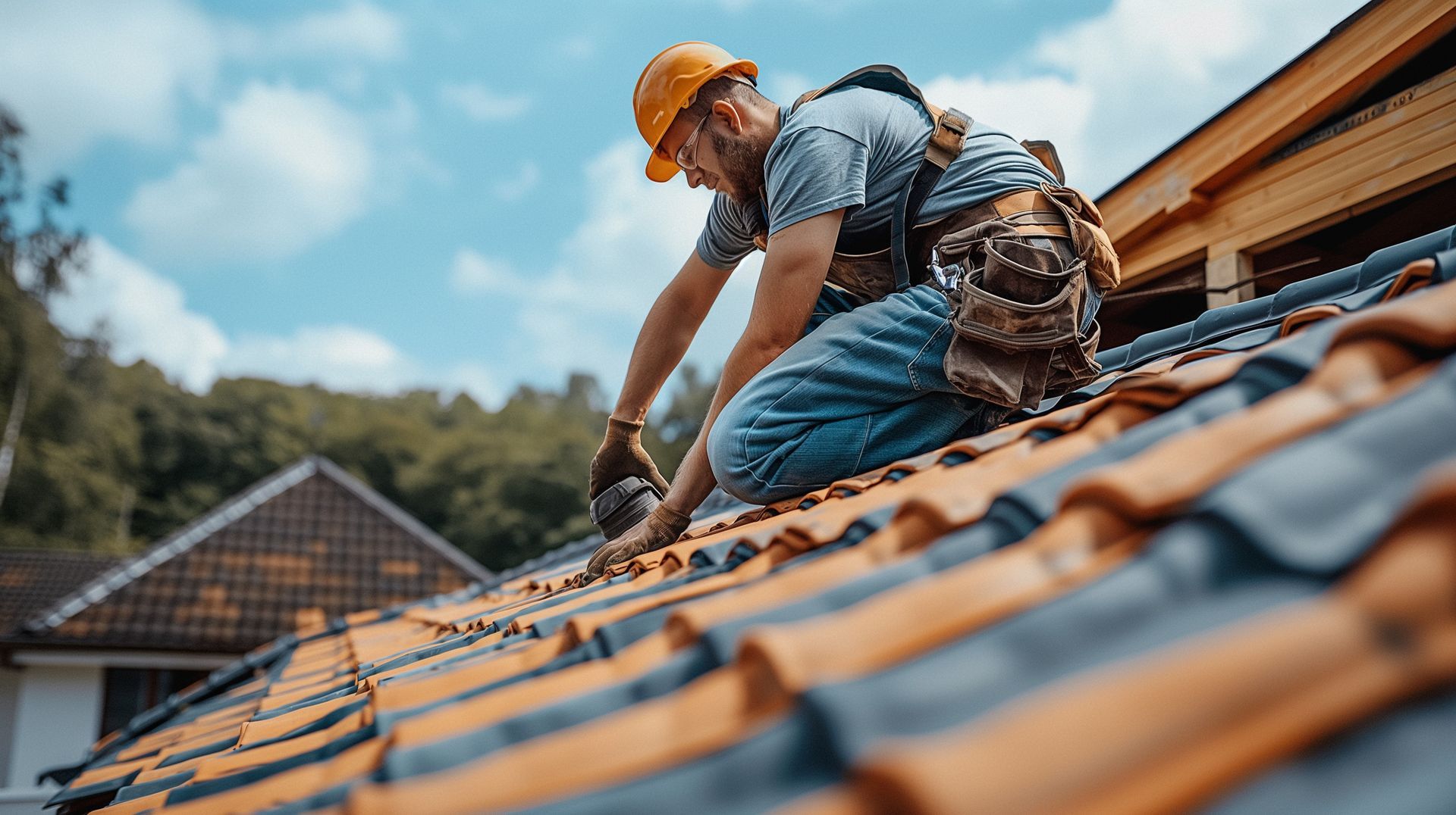 A man climbs a ladder to work on a roof, demonstrating the skills of a roofing contractor.