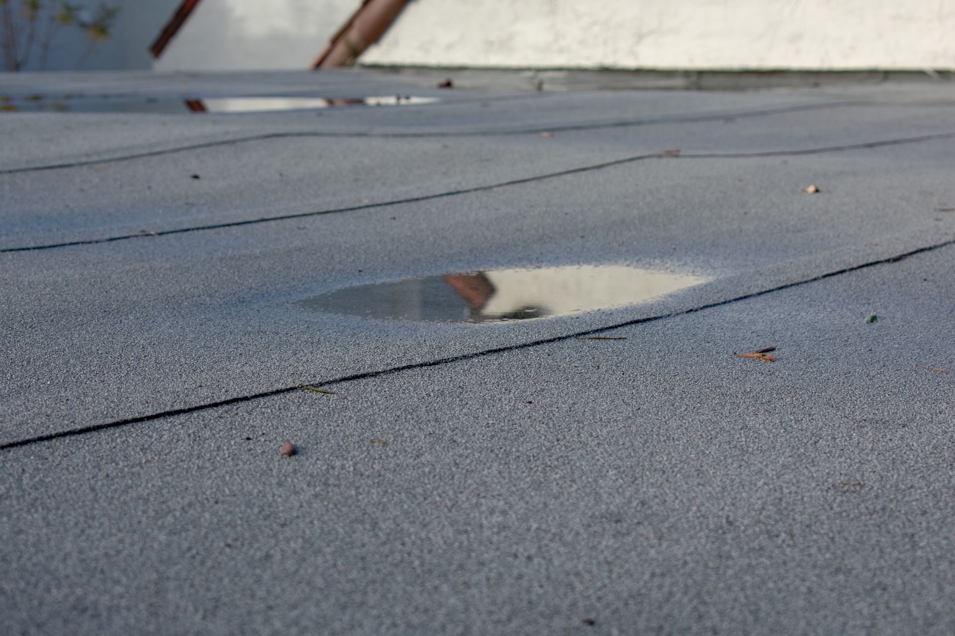 Ponding rainwater on a flat roof.