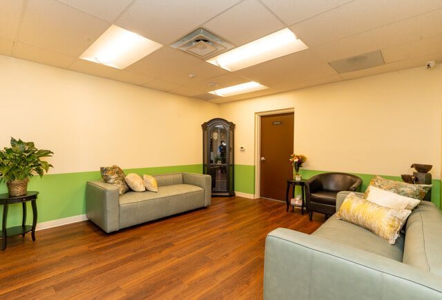 Waiting room with green and tan walls, two sofas, a chair, and a display cabinet.