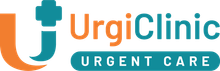 The logo for urgi clinic urgent care is blue and orange.