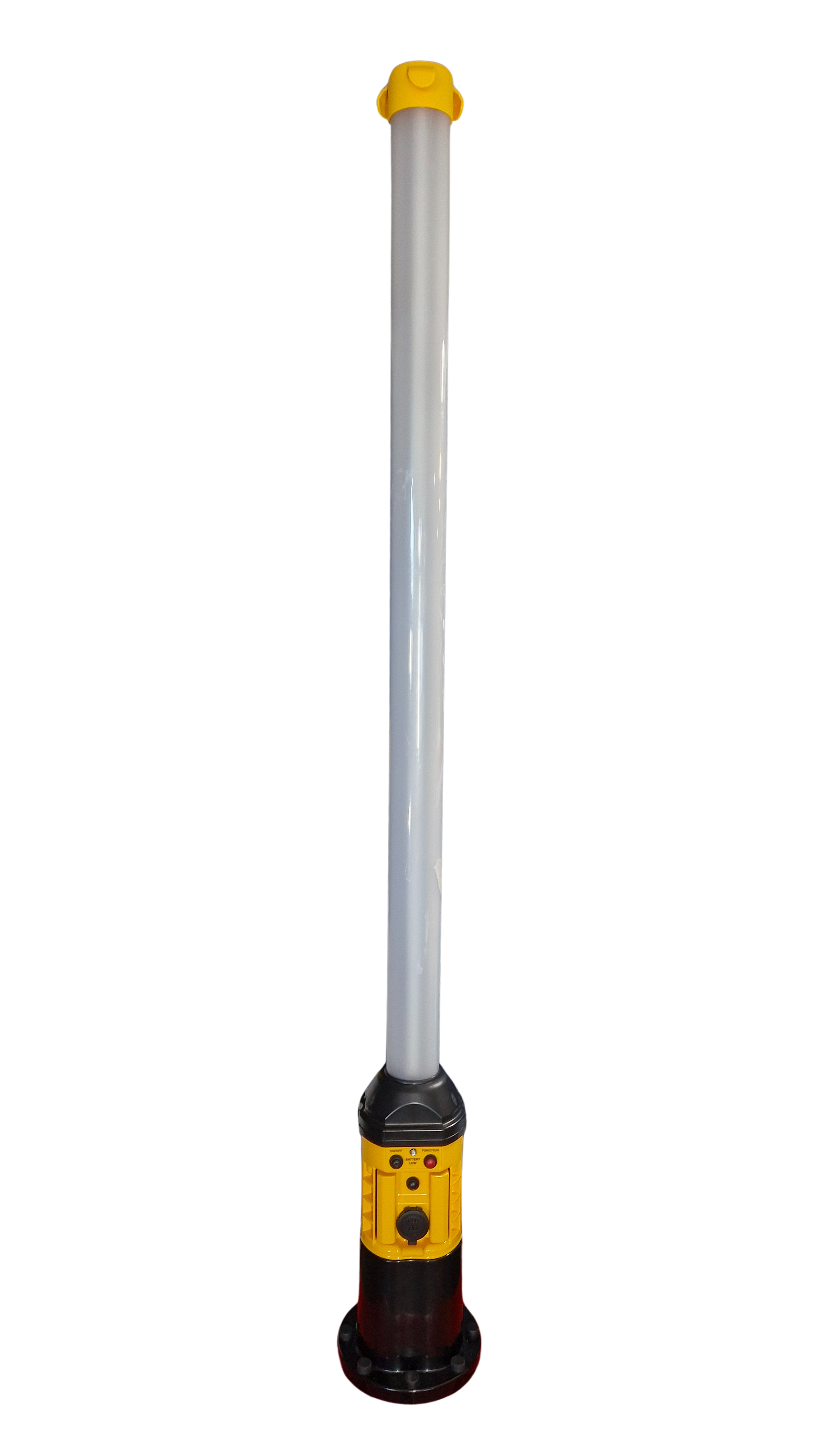 A white pole with a yellow top is sitting on a tripod on a white background.