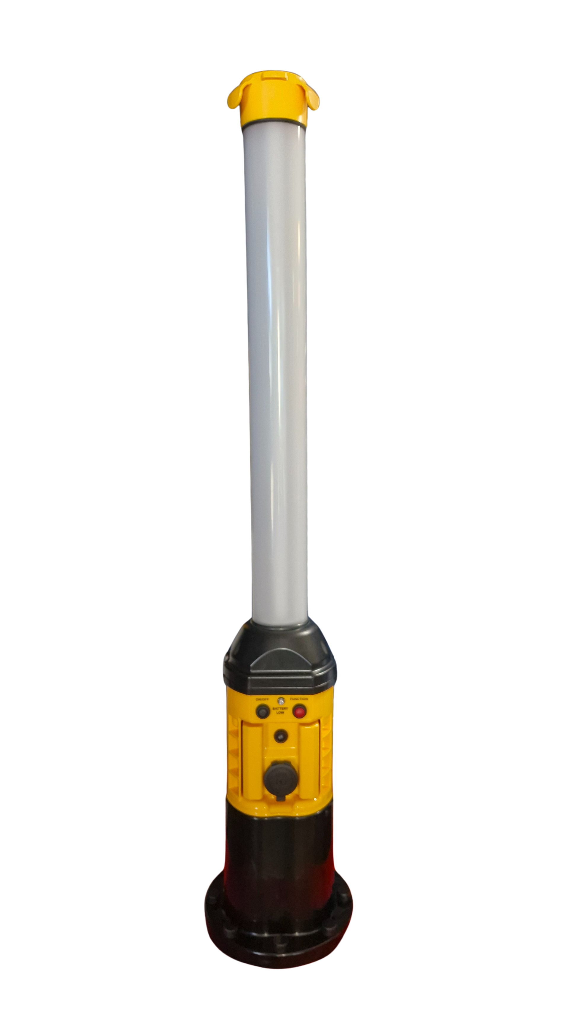 A white pole with a yellow top is sitting on a tripod on a white background.