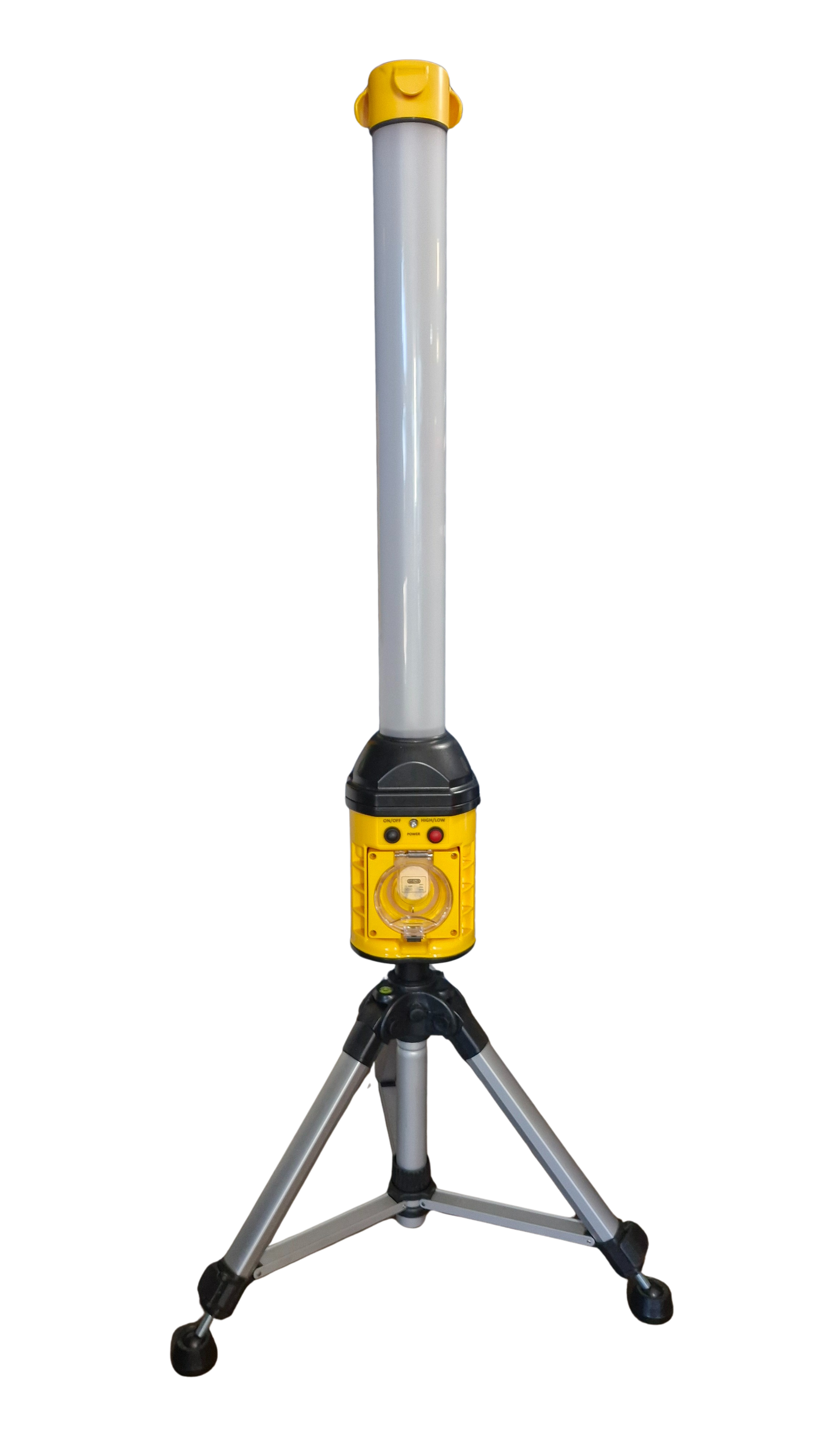 A white pole with a yellow top is sitting on a tripod on a white background.