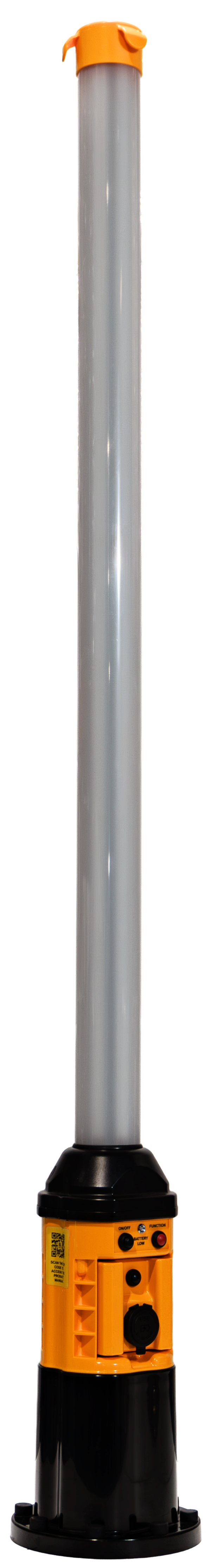 A white pole with a yellow top is sitting on a tripod on a white background.