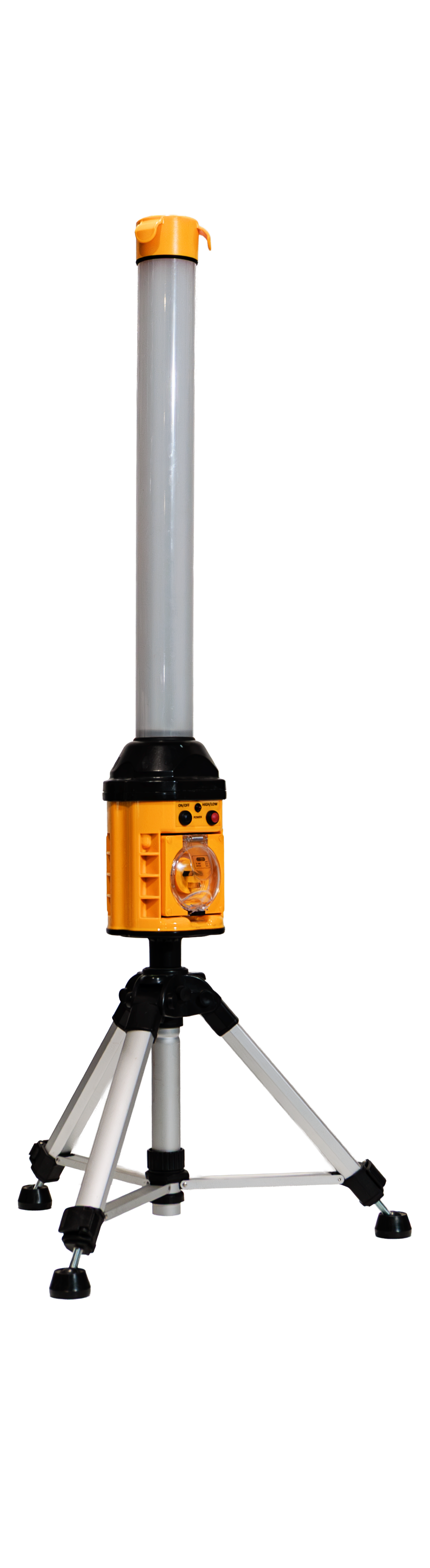 A white pole with a yellow top is sitting on a tripod on a white background.