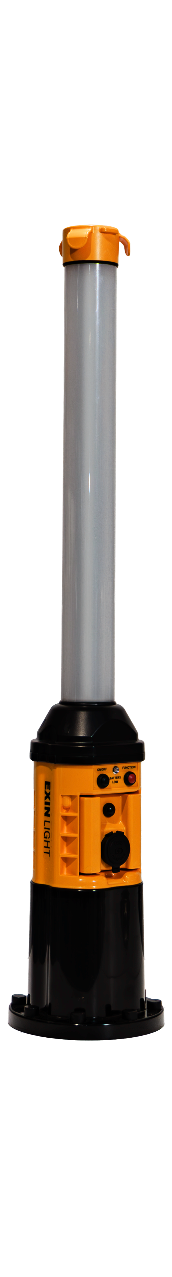 A white pole with a yellow top is sitting on a tripod on a white background.