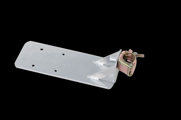 A metal bracket with a clamp attached to it on a black background.