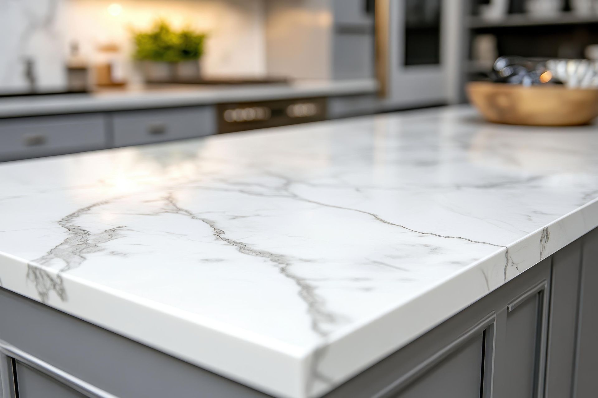 Close-up of a white marble countertop on a gray kitchen island, with kitchen in the blurred background.