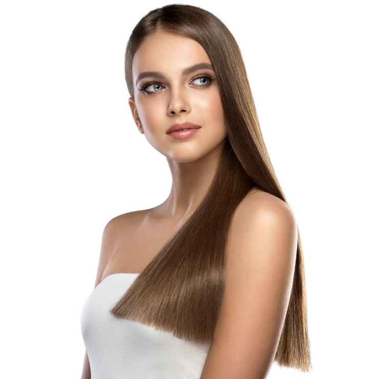 A woman with long straight hair is wearing a white strapless top.