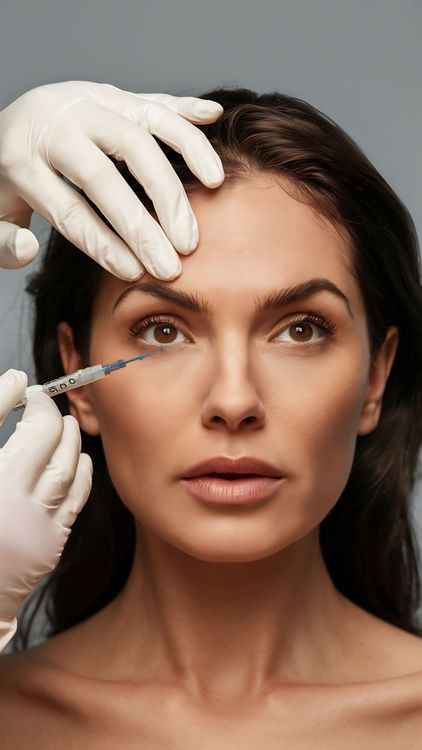 A woman is getting a botox injection in her forehead.