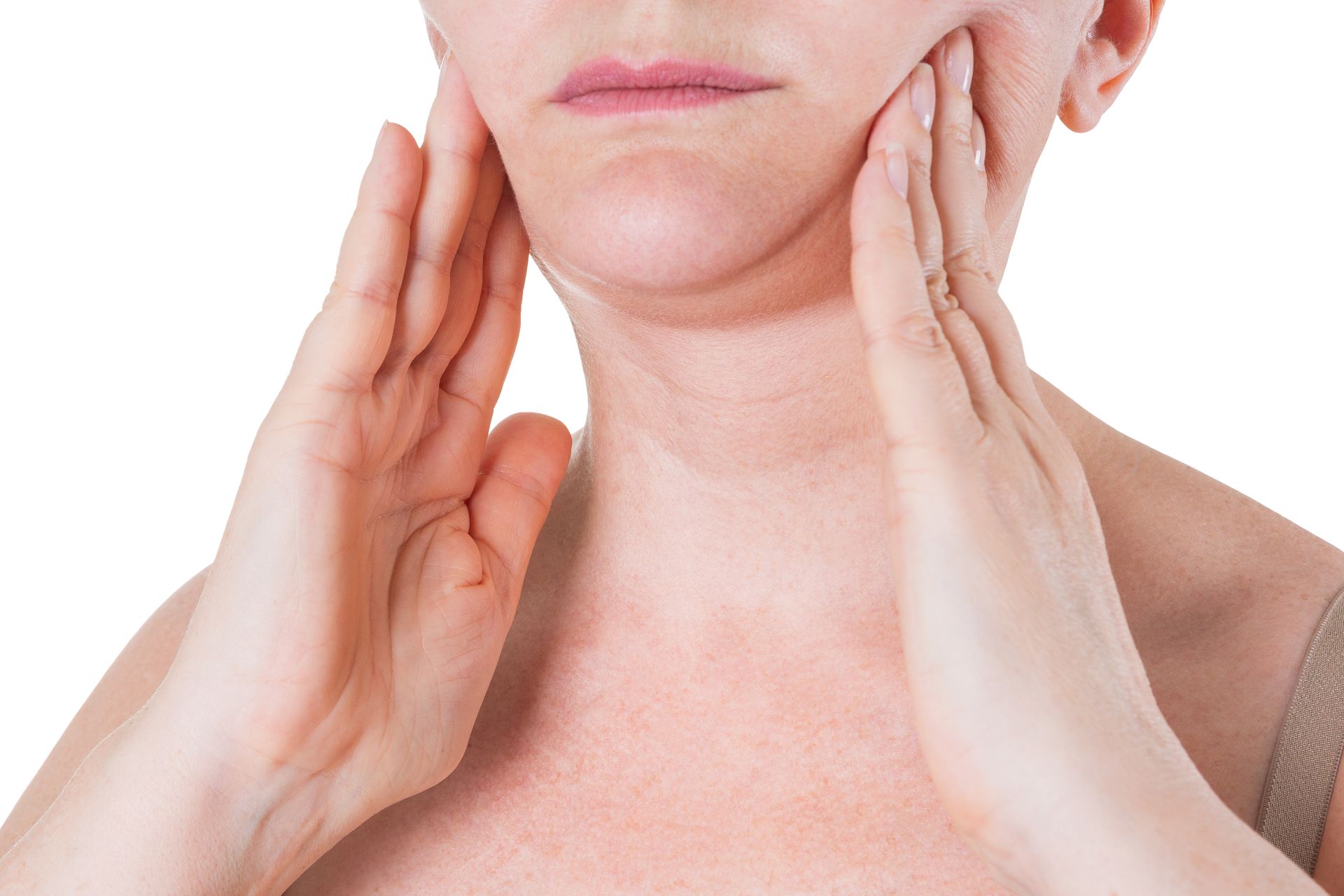 Person holding hands to face, possibly experiencing pain or discomfort in the jaw area.
