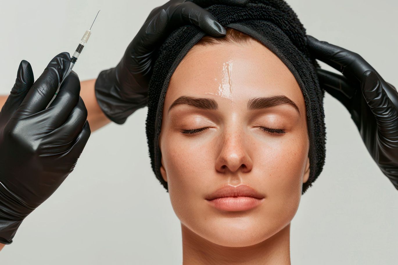 A woman is getting a botox injection in her forehead.