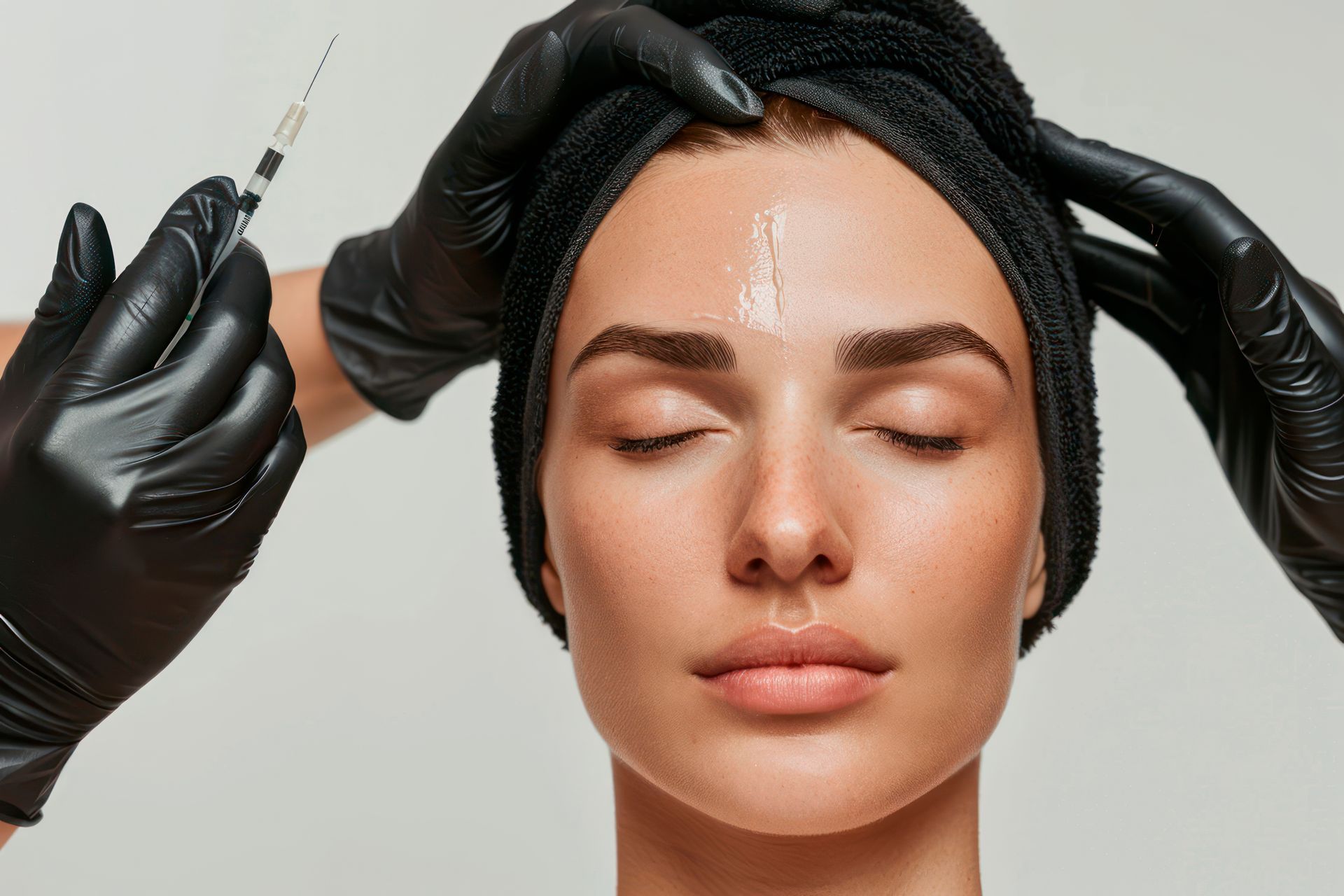 A woman is getting a botox injection in her forehead.
