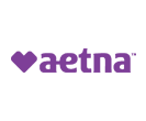 The aetna logo is purple with a heart in the middle.