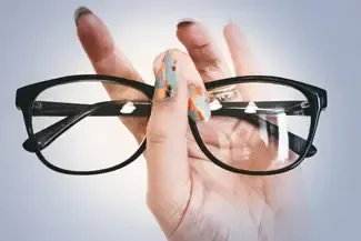 A woman 's hand is holding a pair of glasses.