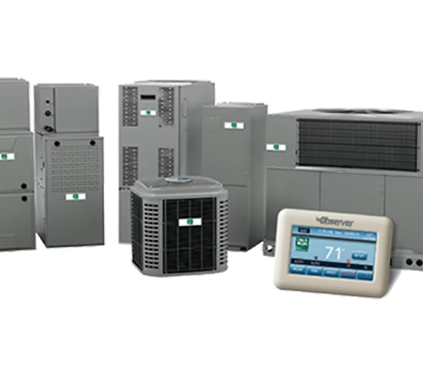 Assortment of HVAC units and a digital thermostat. Various sizes, gray metal, green logo, 71 degrees shown.