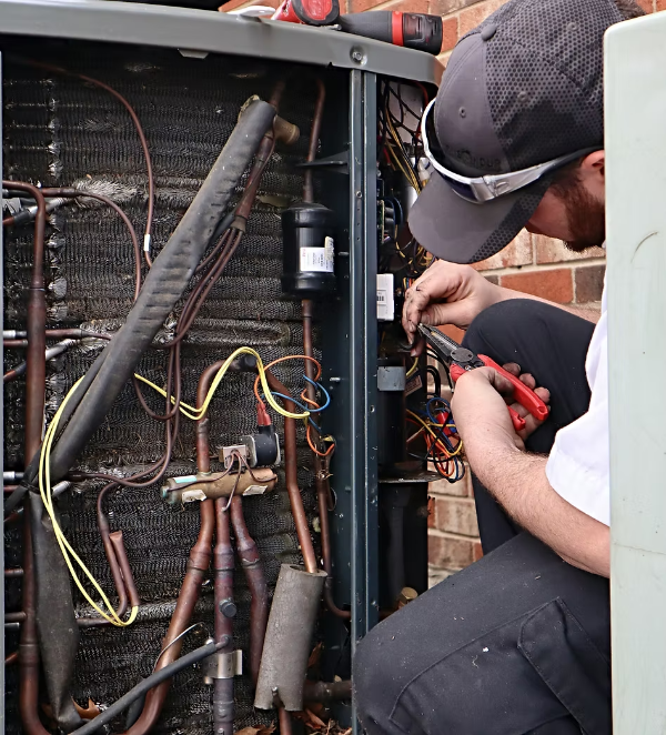 HVAC technician working on an air conditioning unit outside, using pliers on wires.