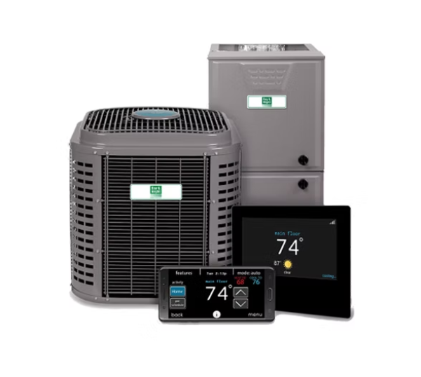 HVAC system: air conditioner, furnace, smart thermostat, and mobile device displaying 74°F.