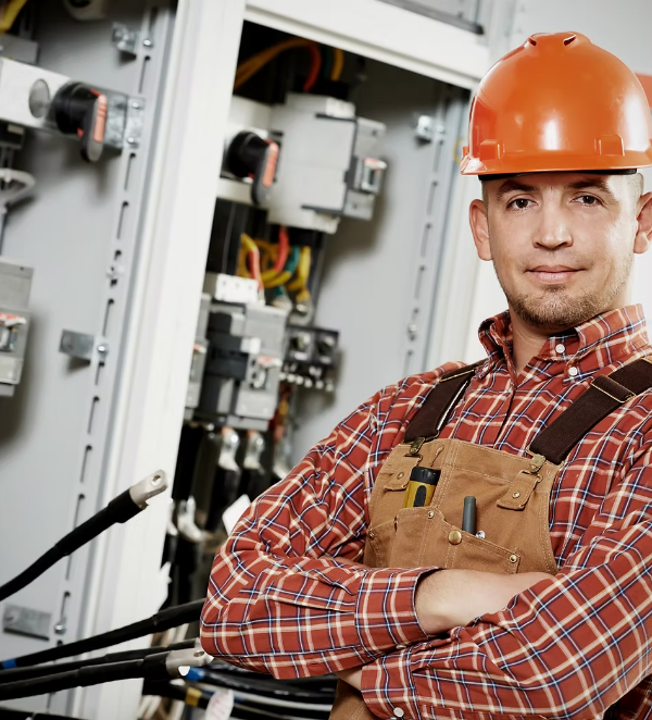 Electrician in orange hard hat and overalls, standing in front of electrical panel, arms crossed.