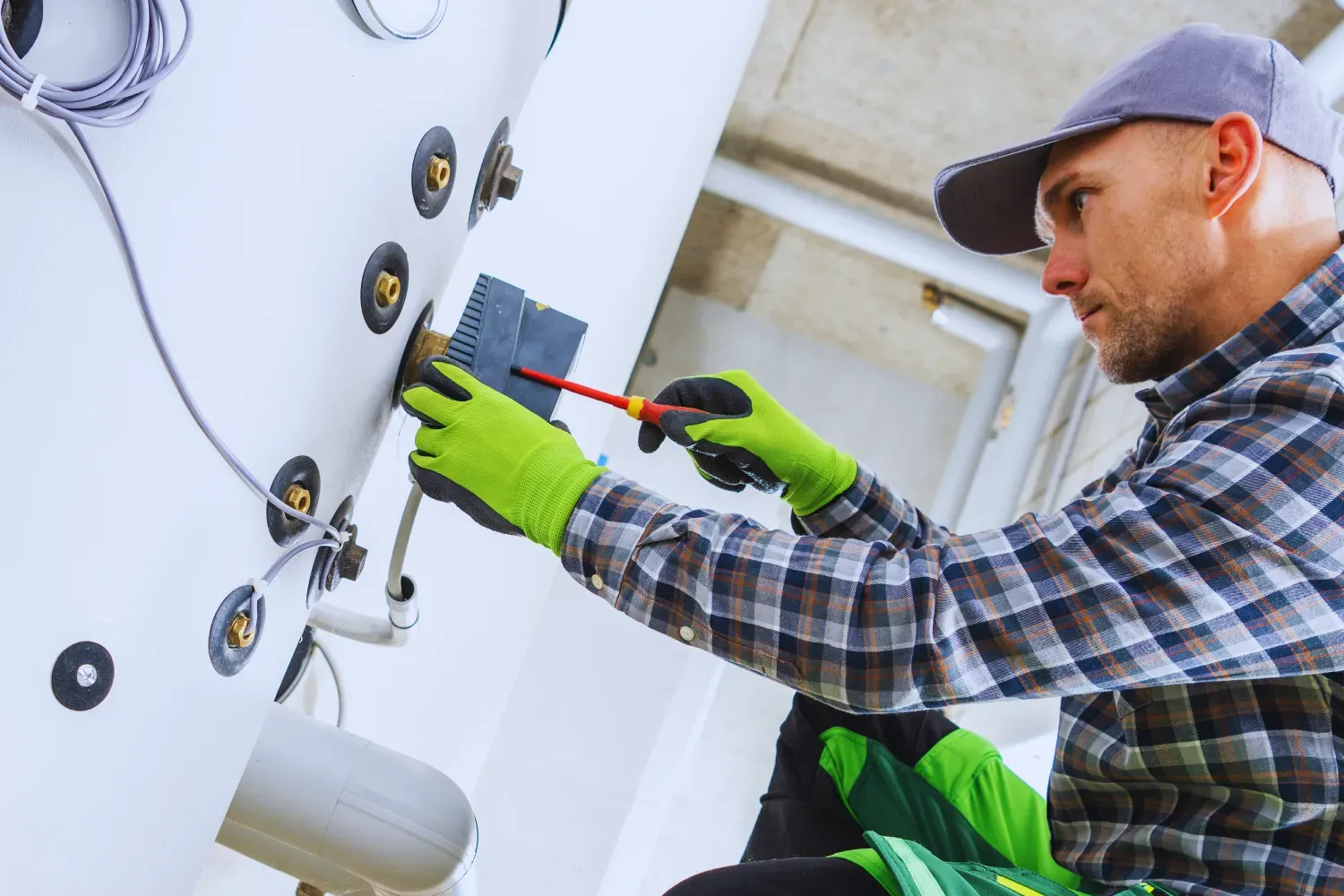 Plumber in red shirt working on a water heater in a bathroom, using a tool.